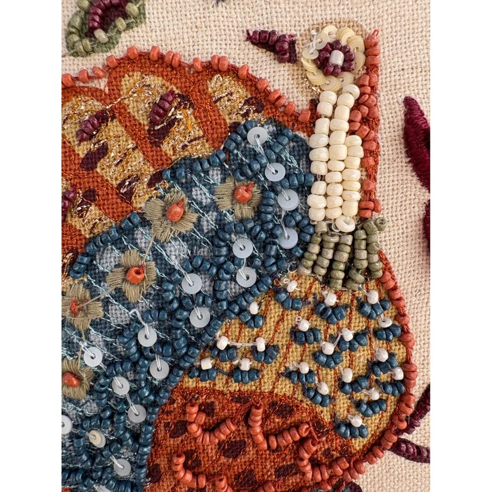 Beaded Bird Embroidered‎ Round Throw Pillow Boho Autumnal Decorative Accent